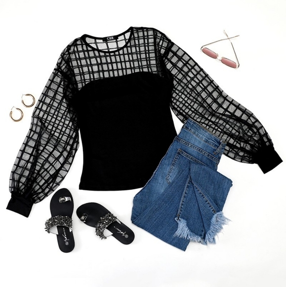 Sheer Grid Mesh Casual Blouse - Picture 4 of 6